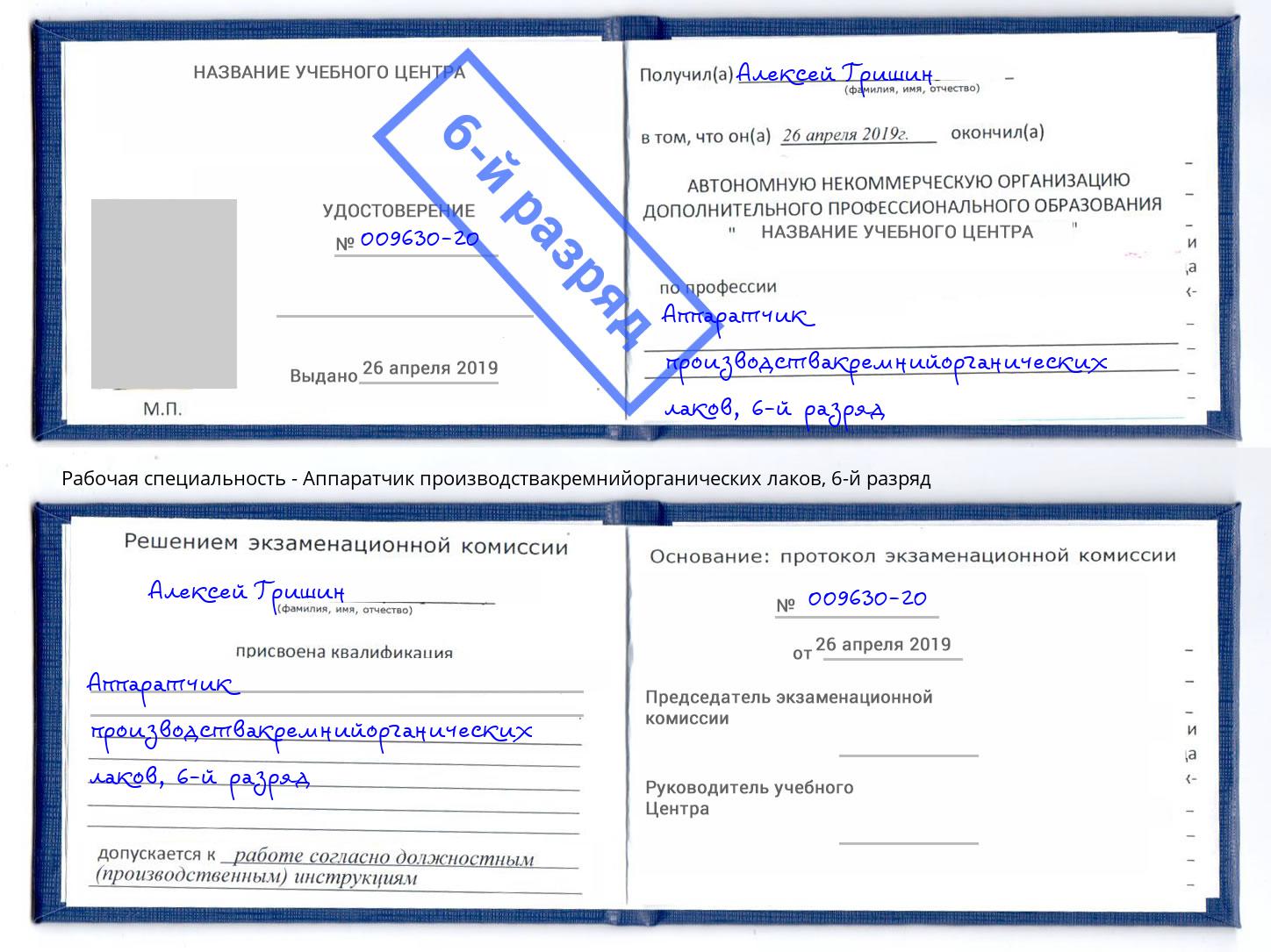 корочка 6-й разряд Аппаратчик производствакремнийорганических лаков Сосновоборск