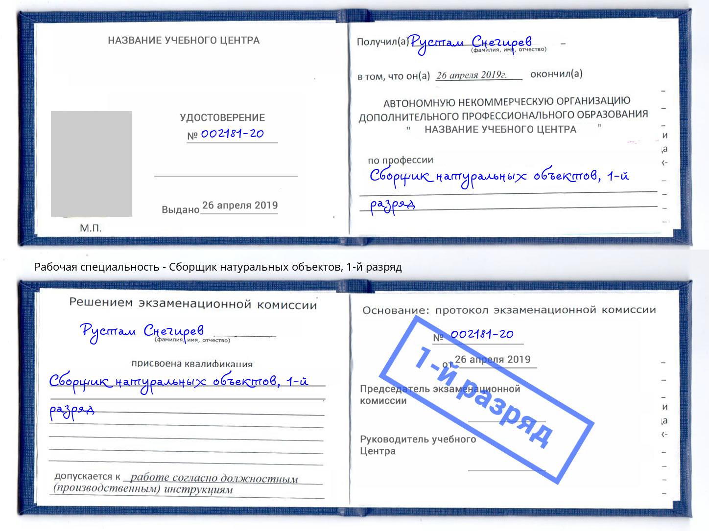 корочка 1-й разряд Сборщик натуральных объектов Сосновоборск