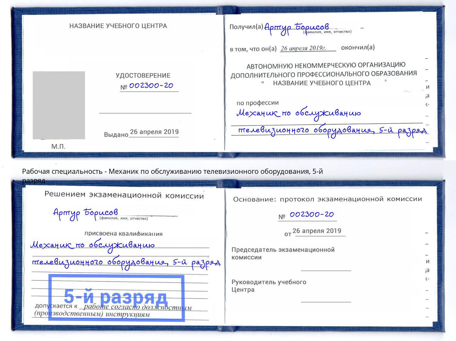 корочка 5-й разряд Механик по обслуживанию телевизионного оборудования Сосновоборск